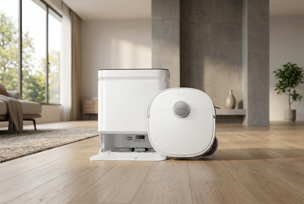 Ensemble robot et base de lavage associant le nettoyage automatise des sols au coloris blanc
