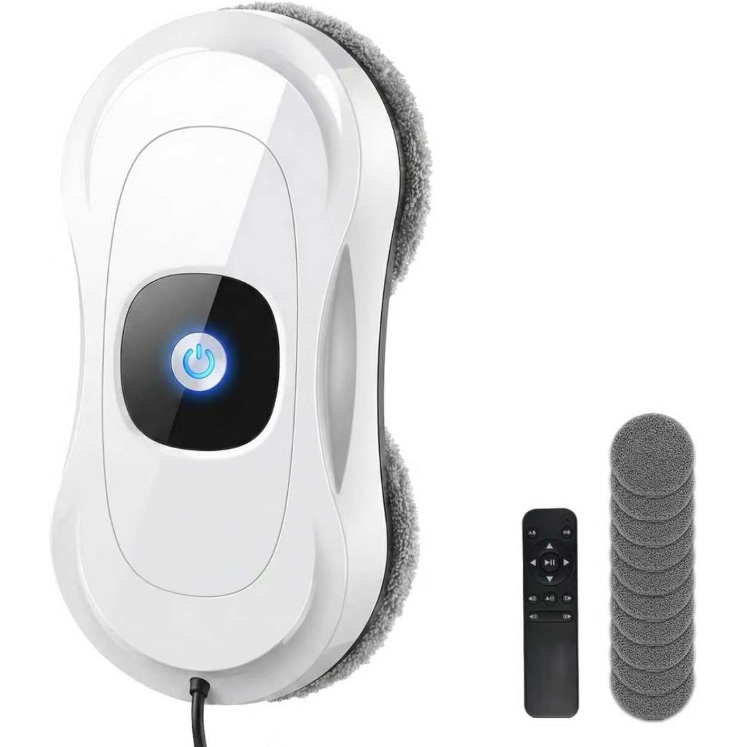 Robot lave vitres, coloris blanc et gris, avec le nettoyage des bords