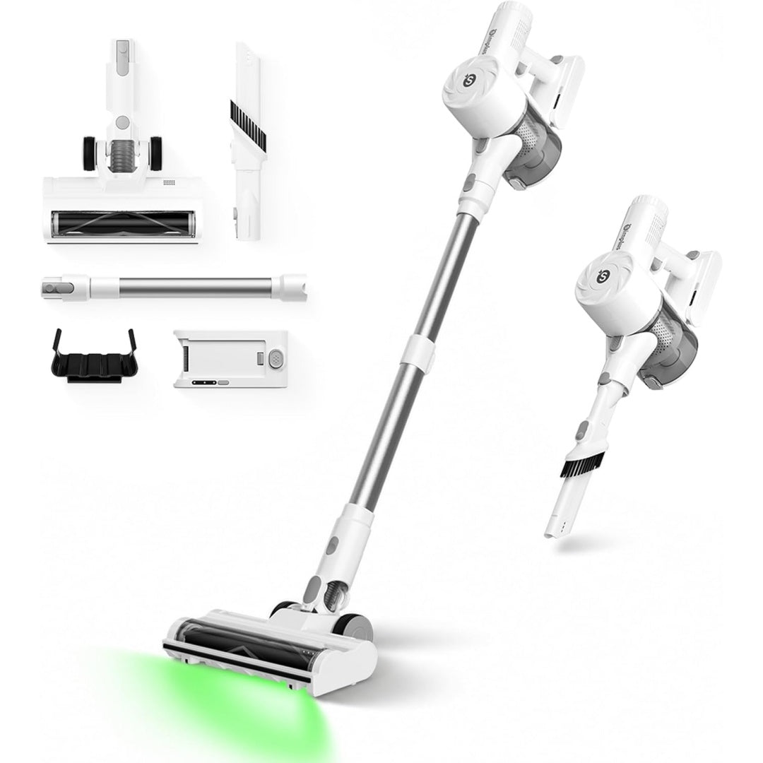 Aspirateur au format balai, coloris blanc et gris, avec une filtration des particules fines