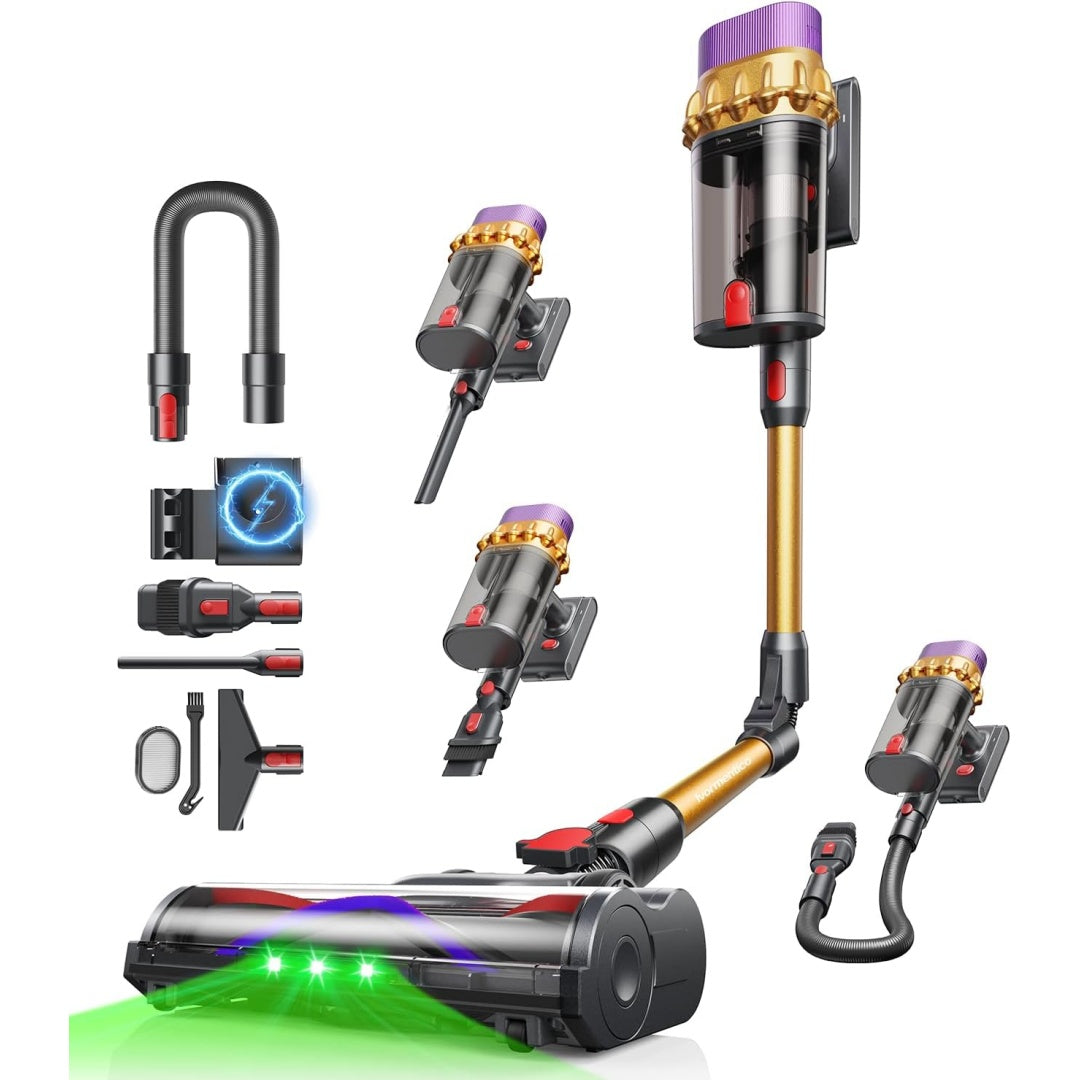 Aspirateur balai, coloris gris et noir, avec une capacite annoncee de 2500 mAh